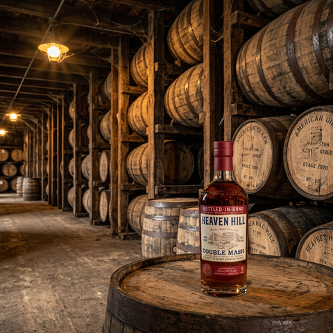 A bottle of Heaven Hill Double Mash bourbon whiskey stands on a wooden stump in front of rustic barrels and a weathered barn, with the bottle centered and amber liquid visible.