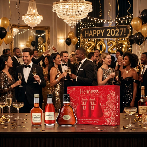 A festive New Year's Eve party scene with guests in tuxedos and sequined dresses holding champagne flutes around a table displaying Hennessy brand bottles and a red Hennessy box. Chandeliers, balloons, and 'HAPPY 2024!' signs are visible in the background.