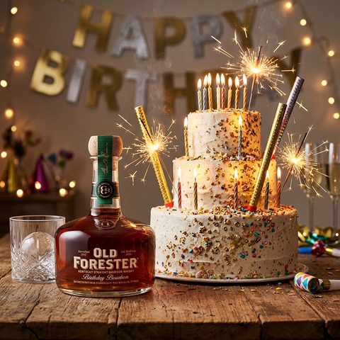 A bottle of Old Forester Kentucky Straight Bourbon Whisky, Birthday Bourbon, featuring amber liquid in a clear glass bottle with a cork stopper, green neck label, and white and gold front label.