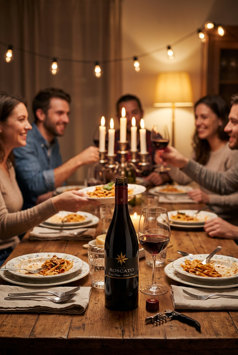A bottle of Roscato Prosecco Sweet Red wine, featuring a dark glass bottle, a black label with a gold star logo, and a dark red foil seal on the neck, set against a plain white background.
