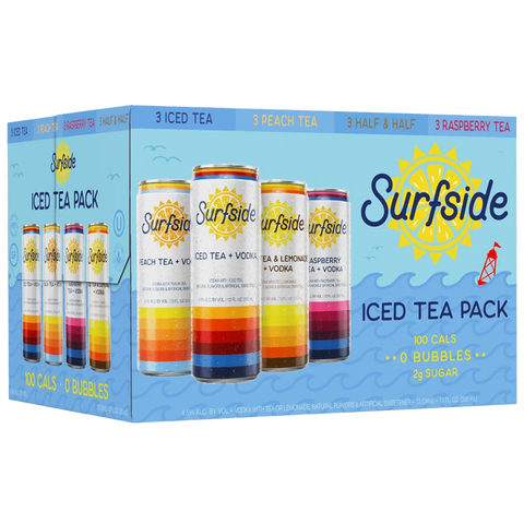 Surfside Iced Tea + Vodka variety 12 pack box with Iced Tea, Peach Tea, Half & Half and Raspberry Tea cans