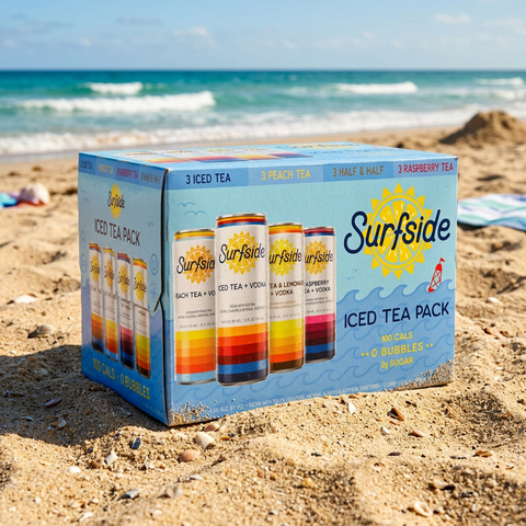 Surfside Iced Tea + Vodka variety 12 pack on a sandy beach by the ocean